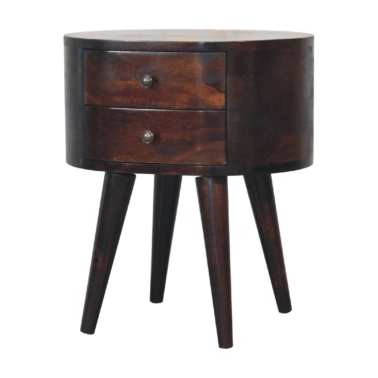 Light Walnut Rounded Nightstand - Solid Mango Wood Bedside Table for Bedroom - product view 3 showing handcrafted solid...