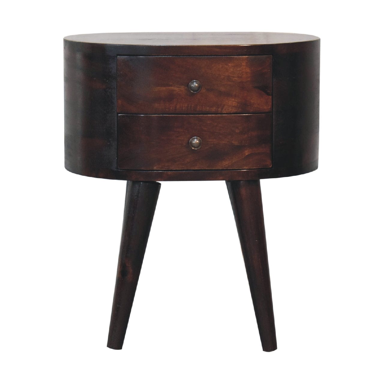 Light Walnut Rounded Nightstand - Solid Mango Wood Bedside Table for Bedroom - product view 2 showing handcrafted solid...