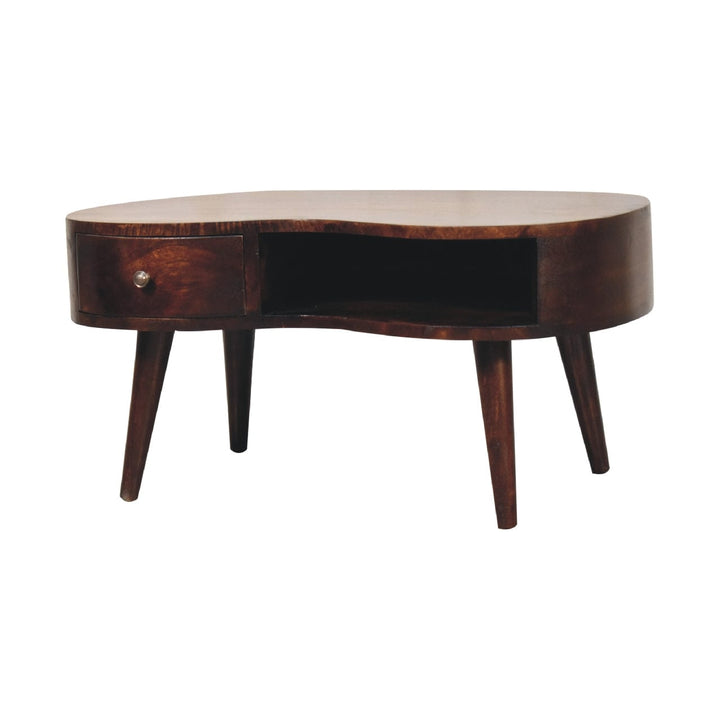Light Walnut Wave Coffee Table - Solid Mango Wood Center Table for Living Room - product view 2 showing handcrafted solid...