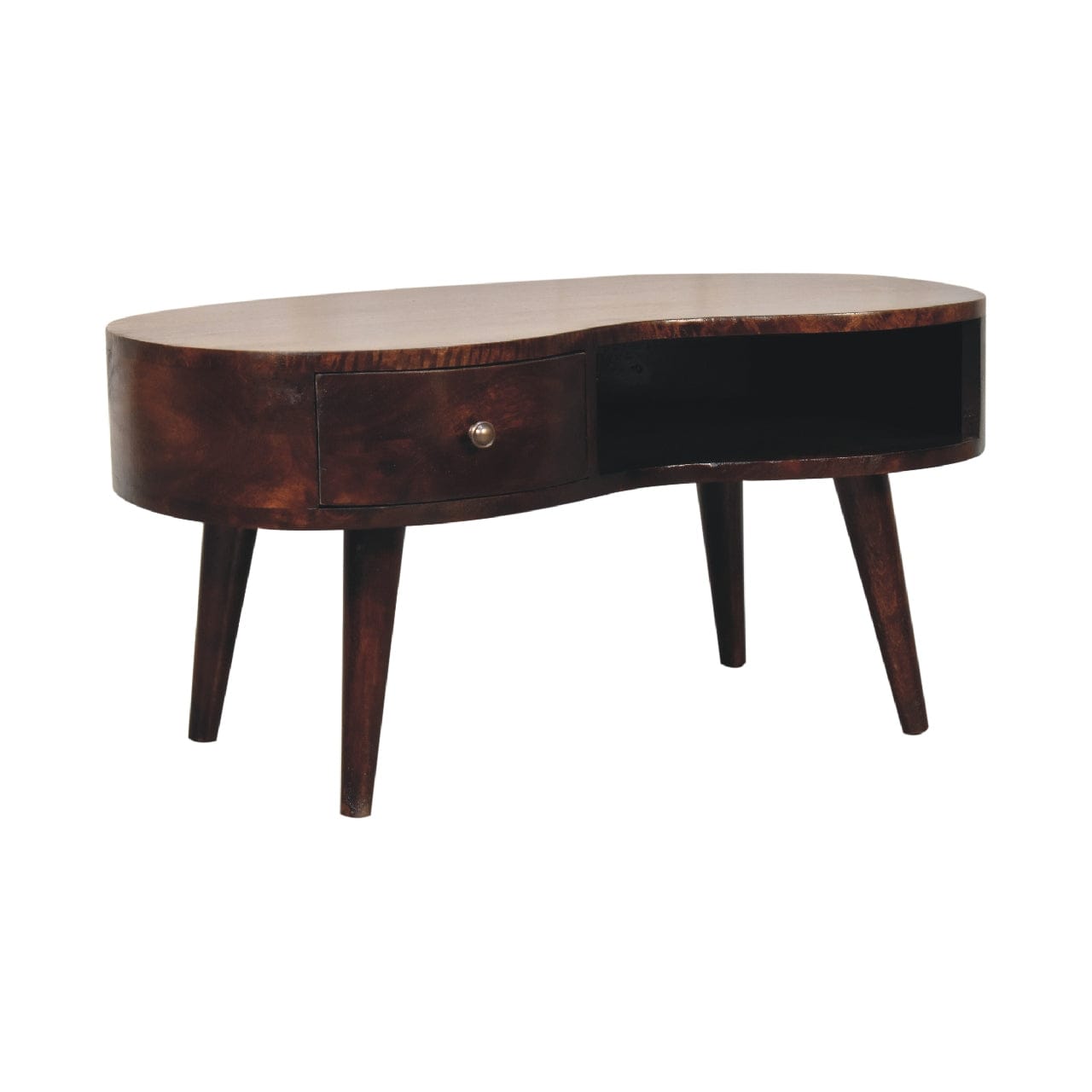 Light Walnut Wave Coffee Table - Solid Mango Wood Center Table for Living Room - main view showing handcrafted solid...