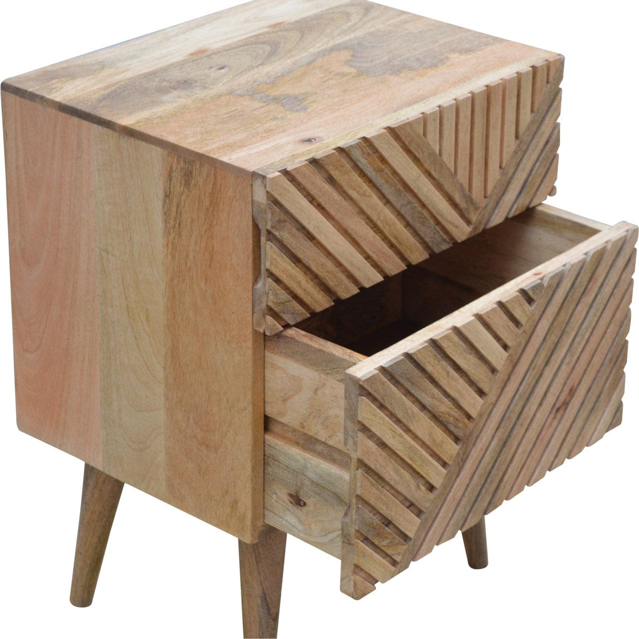 Lille 2 Drawer Nightstand - Solid Mango Wood Bedside Table for Bedroom - product view 7 showing handcrafted solid mango...