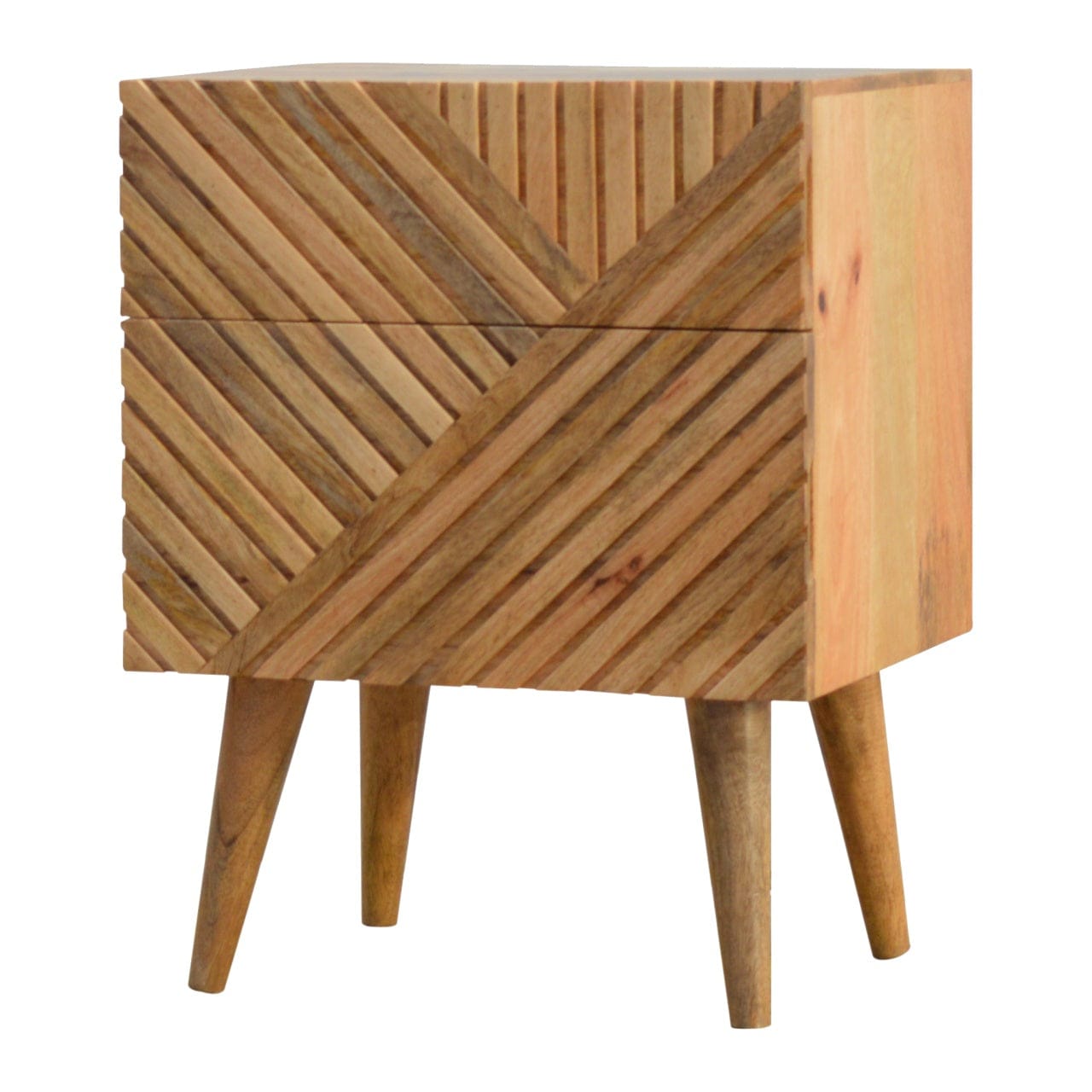Lille 2 Drawer Nightstand - Solid Mango Wood Bedside Table for Bedroom - product view 3 showing handcrafted solid mango...