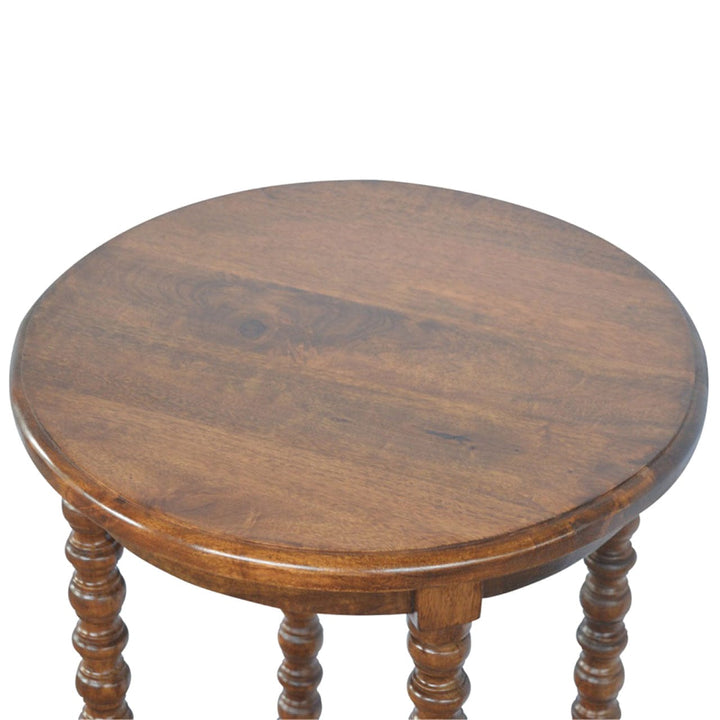 Mango Wood Round Tea Table - Solid Mango Wood Accent Table for Living Room - product view 5 showing handcrafted solid...