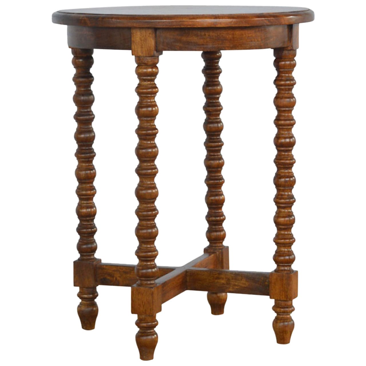 Mango Wood Round Tea Table - Solid Mango Wood Accent Table for Living Room - product view 2 showing handcrafted solid...