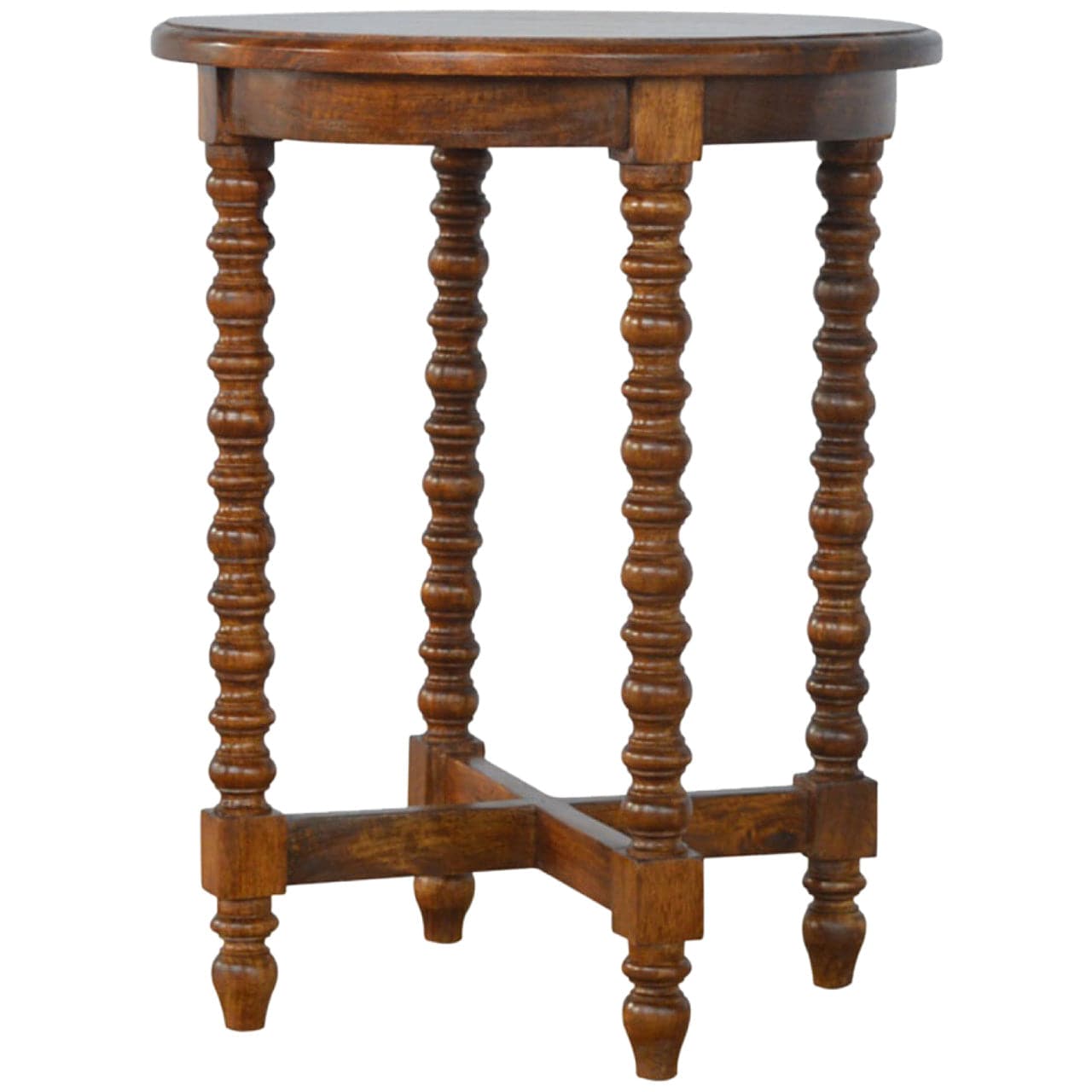 Mango Wood Round Tea Table - Solid Mango Wood Accent Table for Living Room - main view showing handcrafted solid mango...