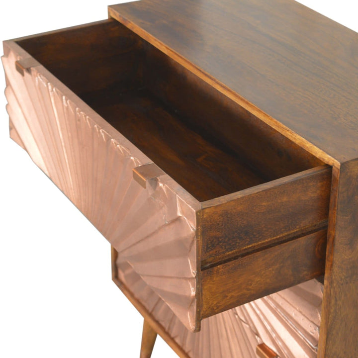 Manila Copper Dresser - Solid Mango Wood Storage Chest for Bedroom - product view 6 showing handcrafted solid mango wood...