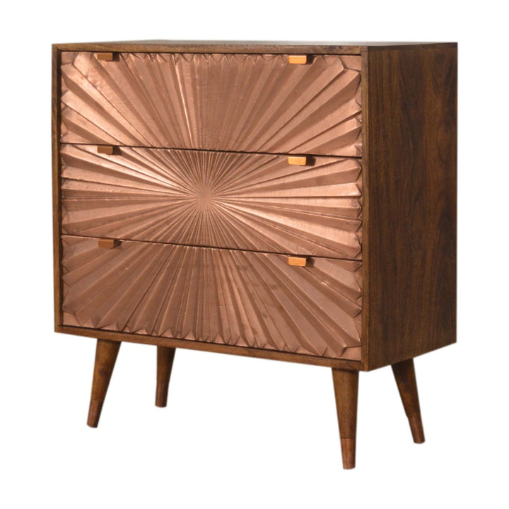 Manila Copper Dresser - Solid Mango Wood Storage Chest for Bedroom - product view 3 showing handcrafted solid mango wood...