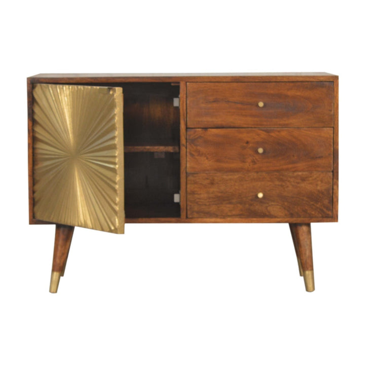 Manila Gold Sideboard - Solid Mango Wood Buffet Cabinet for Dining Room - product view 5 showing handcrafted solid mango...