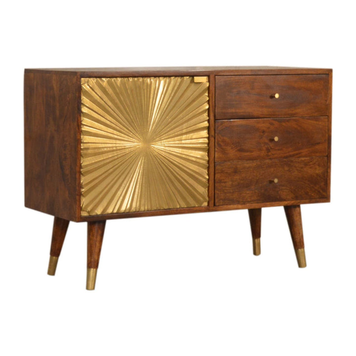 Manila Gold Sideboard - Solid Mango Wood Buffet Cabinet for Dining Room - product view 3 showing handcrafted solid mango...