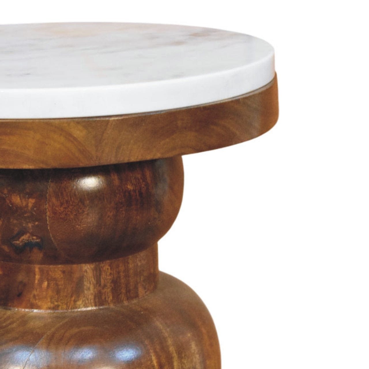 Marble Top Bulla End Table - Solid Mango Wood Side Table for Living Room - product view 3 showing handcrafted solid mango...