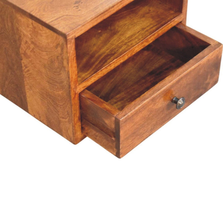 Mid-Century Modern 1-Drawer Chestnut Floating Nightstand - Solid Mango Wood Bedside Table for Bedroom - product view 7...