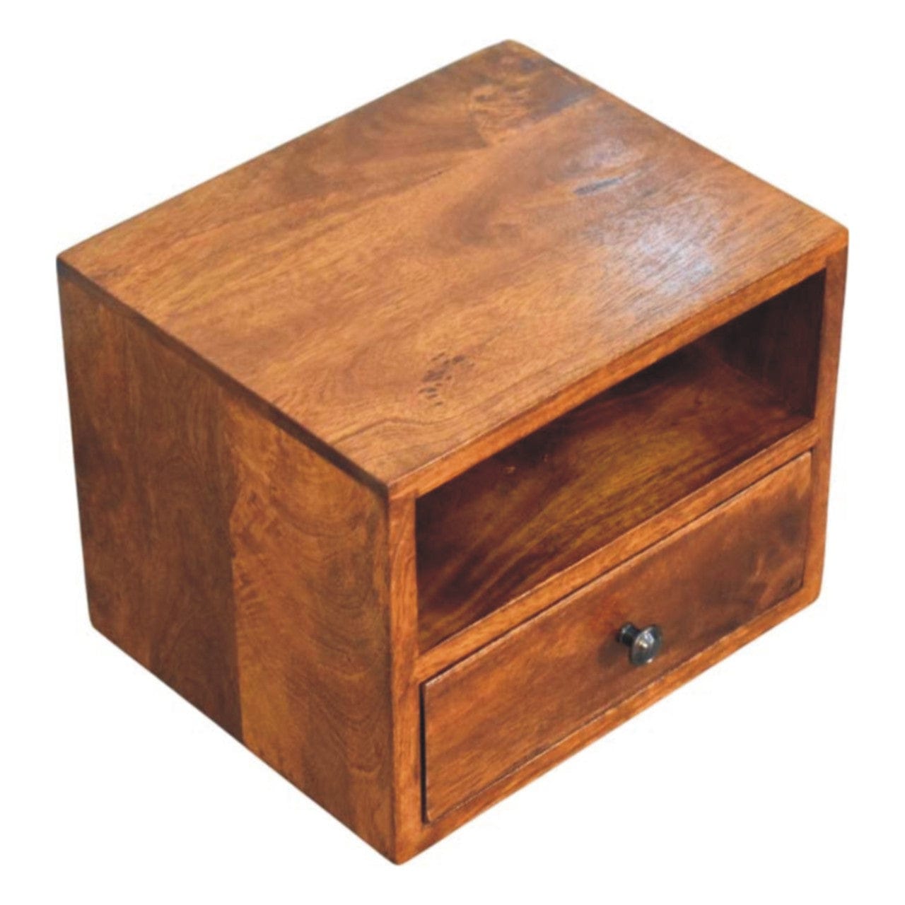 Mid-Century Modern 1-Drawer Chestnut Floating Nightstand - Solid Mango Wood Bedside Table for Bedroom - product view 6...