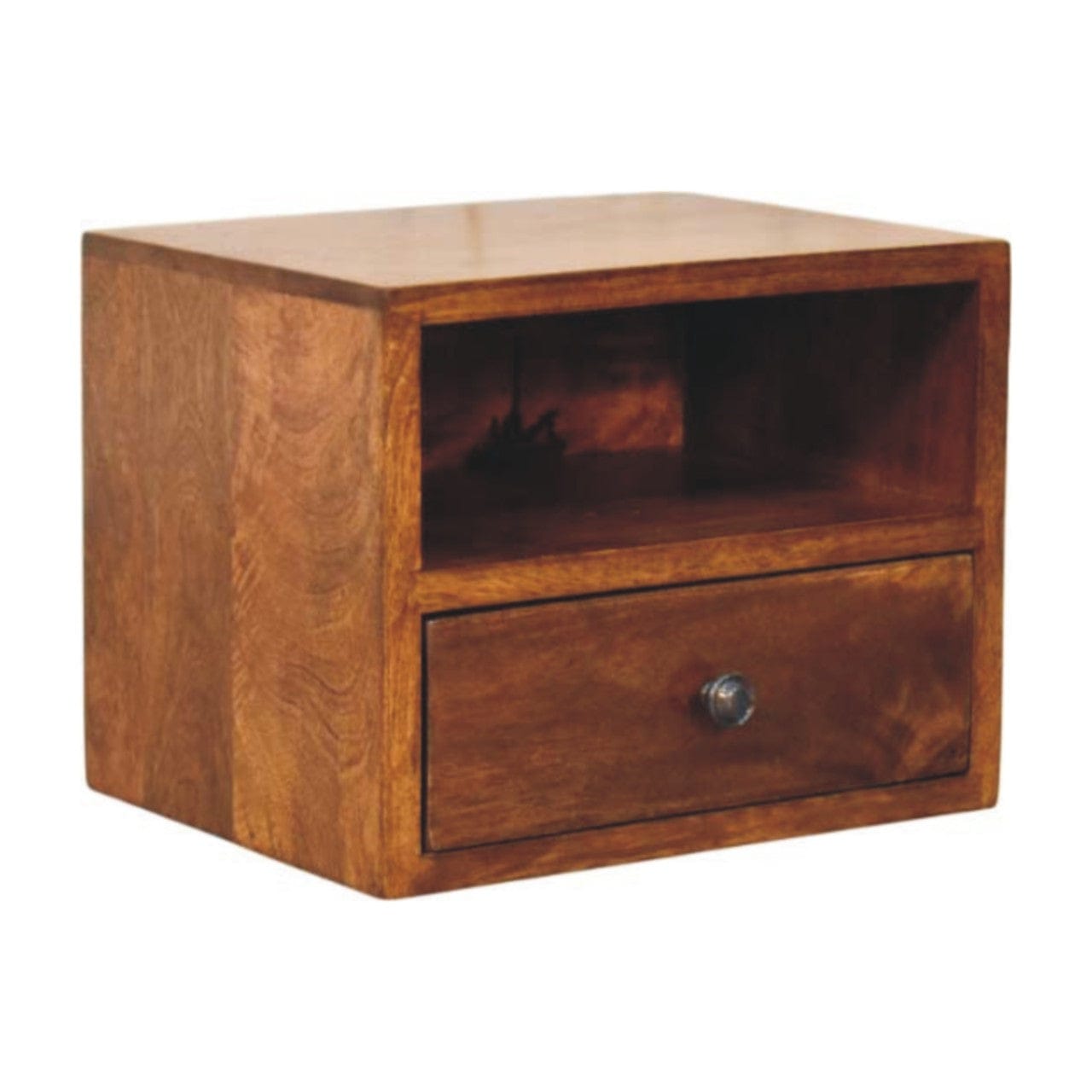 Mid-Century Modern 1-Drawer Chestnut Floating Nightstand - Solid Mango Wood Bedside Table for Bedroom - product view 3...