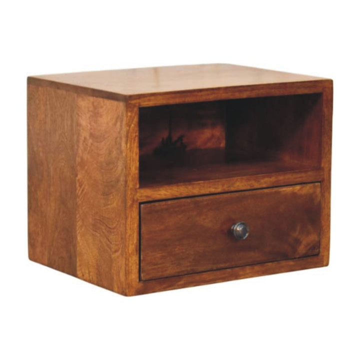 Mid-Century Modern 1-Drawer Chestnut Floating Nightstand - Solid Mango Wood Bedside Table for Bedroom - product view 3...