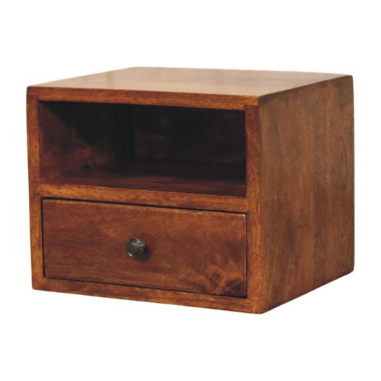 Mid-Century Modern 1-Drawer Chestnut Floating Nightstand - Solid Mango Wood Bedside Table for Bedroom - product view 2...