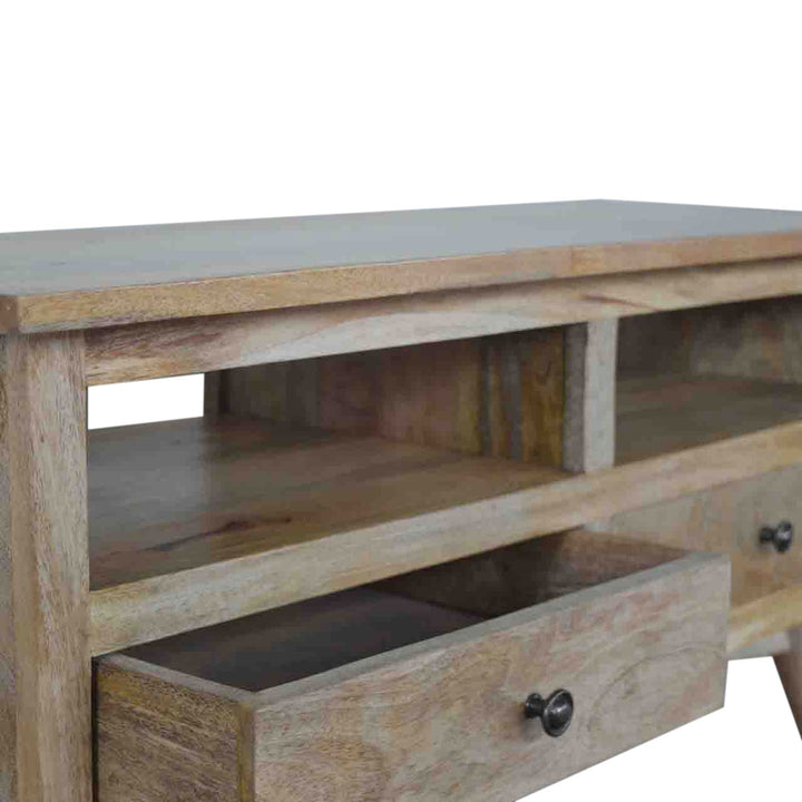 Mid-Century Modern 2 Drawer 2 Slot TV Stand - Solid Mango Wood Entertainment Center for Living Room - product view 4...