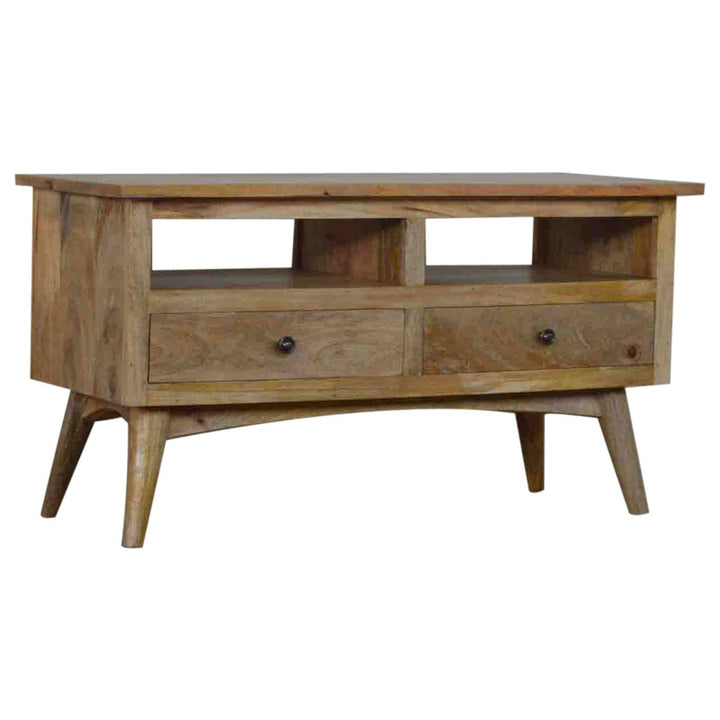 Mid-Century Modern 2 Drawer 2 Slot TV Stand - Solid Mango Wood Entertainment Center for Living Room - product view 2...