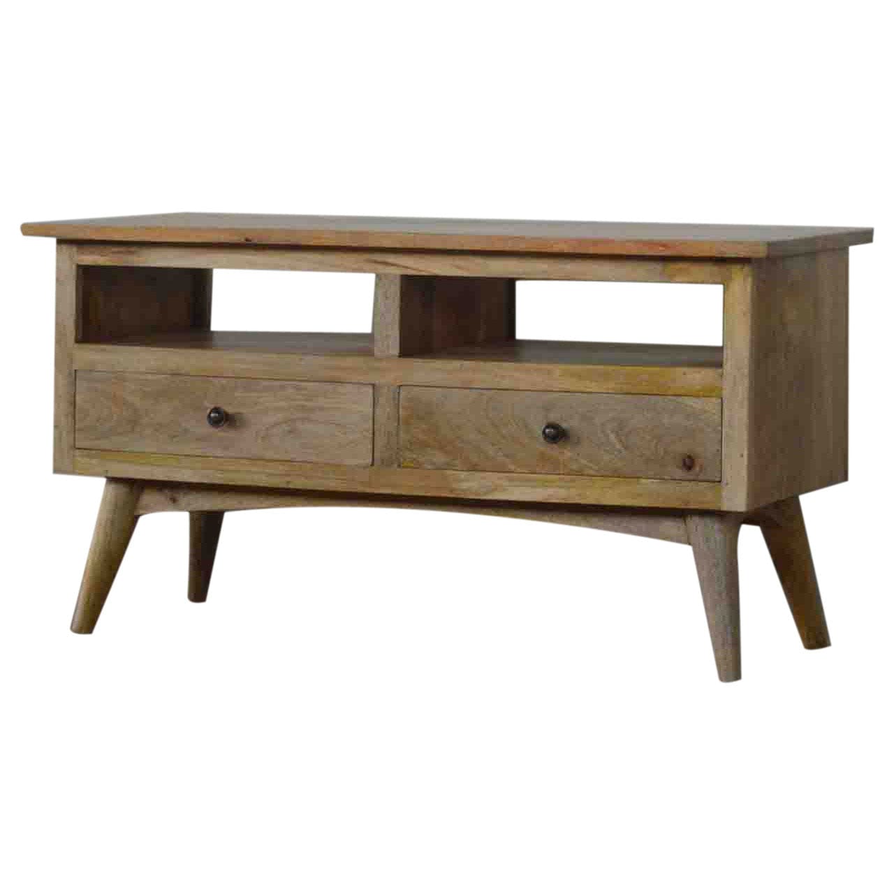 Mid-Century Modern 2 Drawer 2 Slot TV Stand - Solid Mango Wood Entertainment Center for Living Room - main view showing...