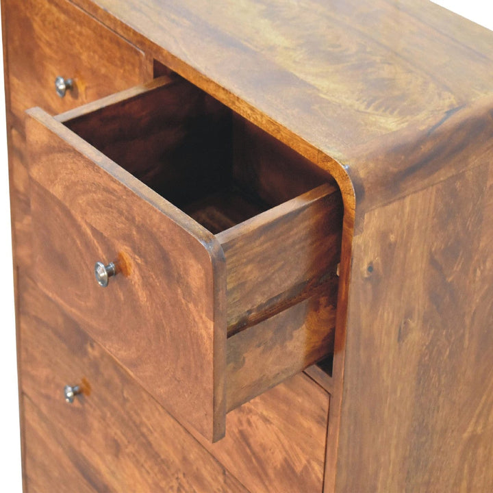 Mid-Century Modern 2 over 3 Curved Chestnut Dresser - Solid Mango Wood Storage Chest for Bedroom - product view 7 showing...