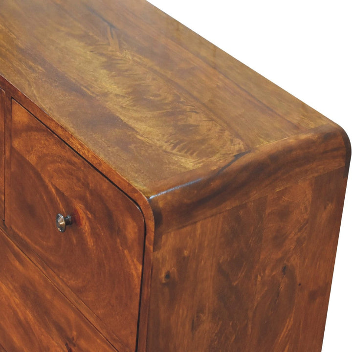 Mid-Century Modern 2 over 3 Curved Chestnut Dresser - Solid Mango Wood Storage Chest for Bedroom - product view 6 showing...