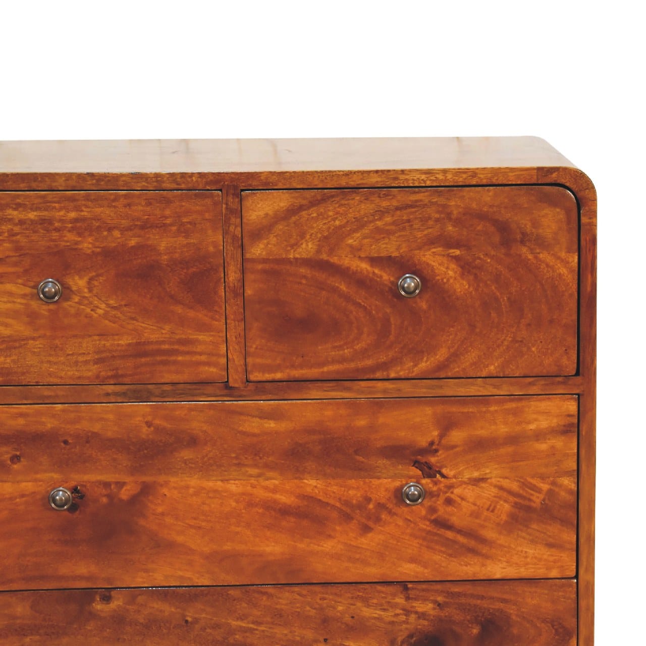 Mid-Century Modern 2 over 3 Curved Chestnut Dresser - Solid Mango Wood Storage Chest for Bedroom - product view 5 showing...