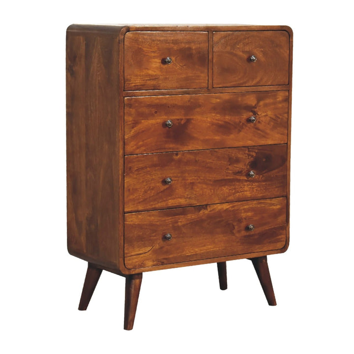 Mid-Century Modern 2 over 3 Curved Chestnut Dresser - Solid Mango Wood Storage Chest for Bedroom - product view 4 showing...