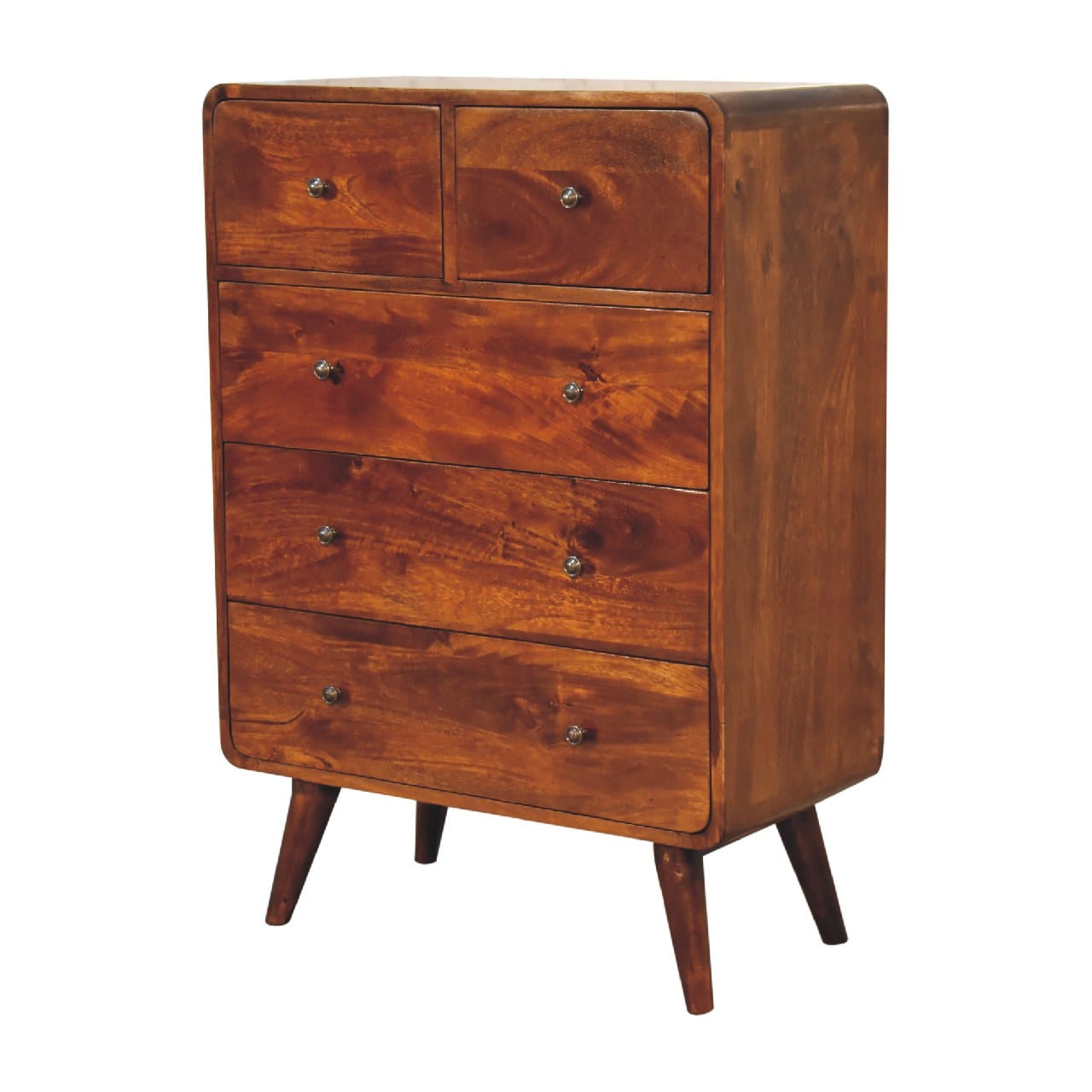 Mid-Century Modern 2 over 3 Curved Chestnut Dresser - Solid Mango Wood Storage Chest for Bedroom - product view 3 showing...