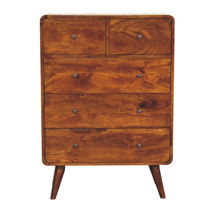 Mid-Century Modern 2 over 3 Curved Chestnut Dresser - Solid Mango Wood Storage Chest for Bedroom - product view 2 showing...