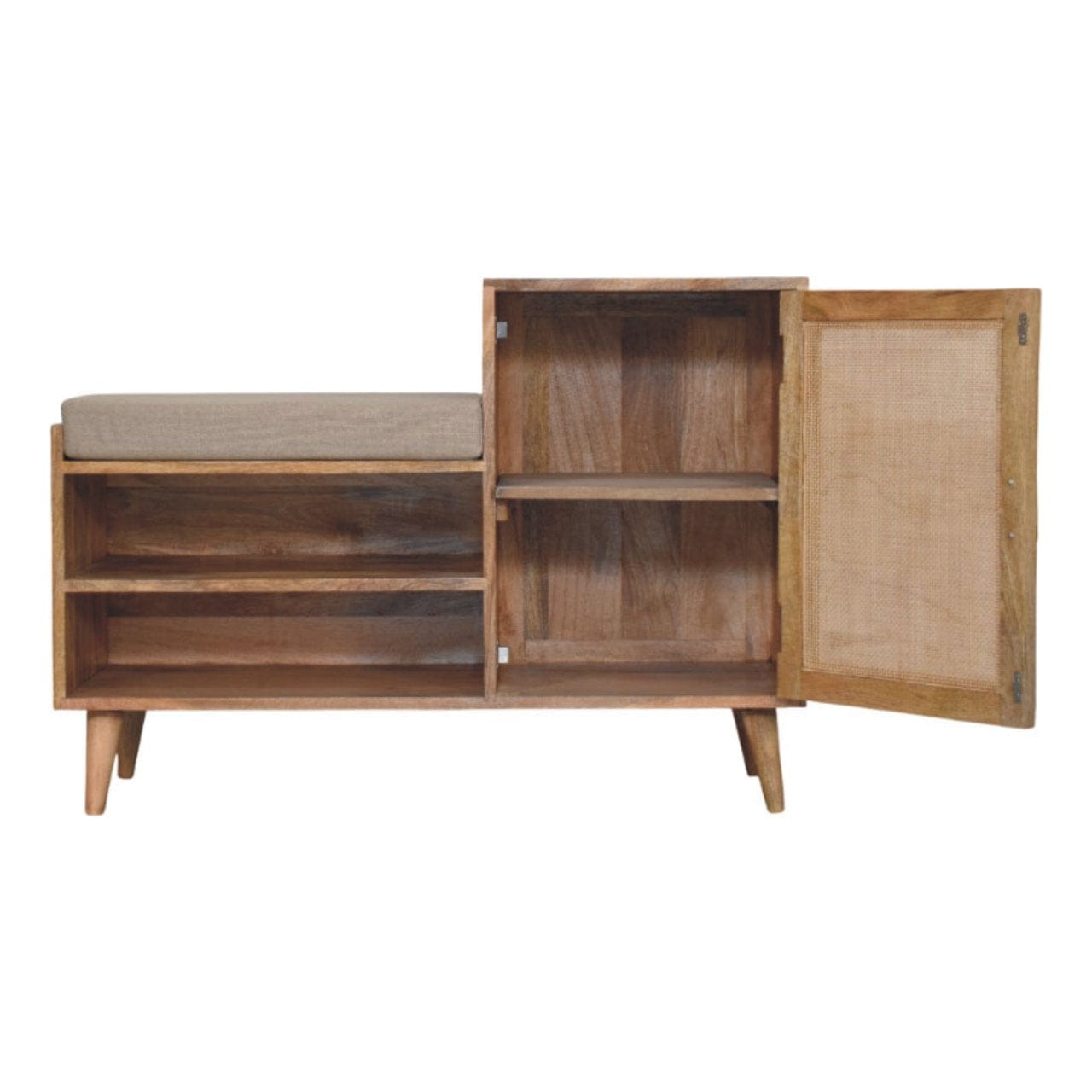 Mid-Century Modern 2 slot Oak-ish Bench - Solid Mango Wood Seating Furniture for Entryway - product view 8 showing...