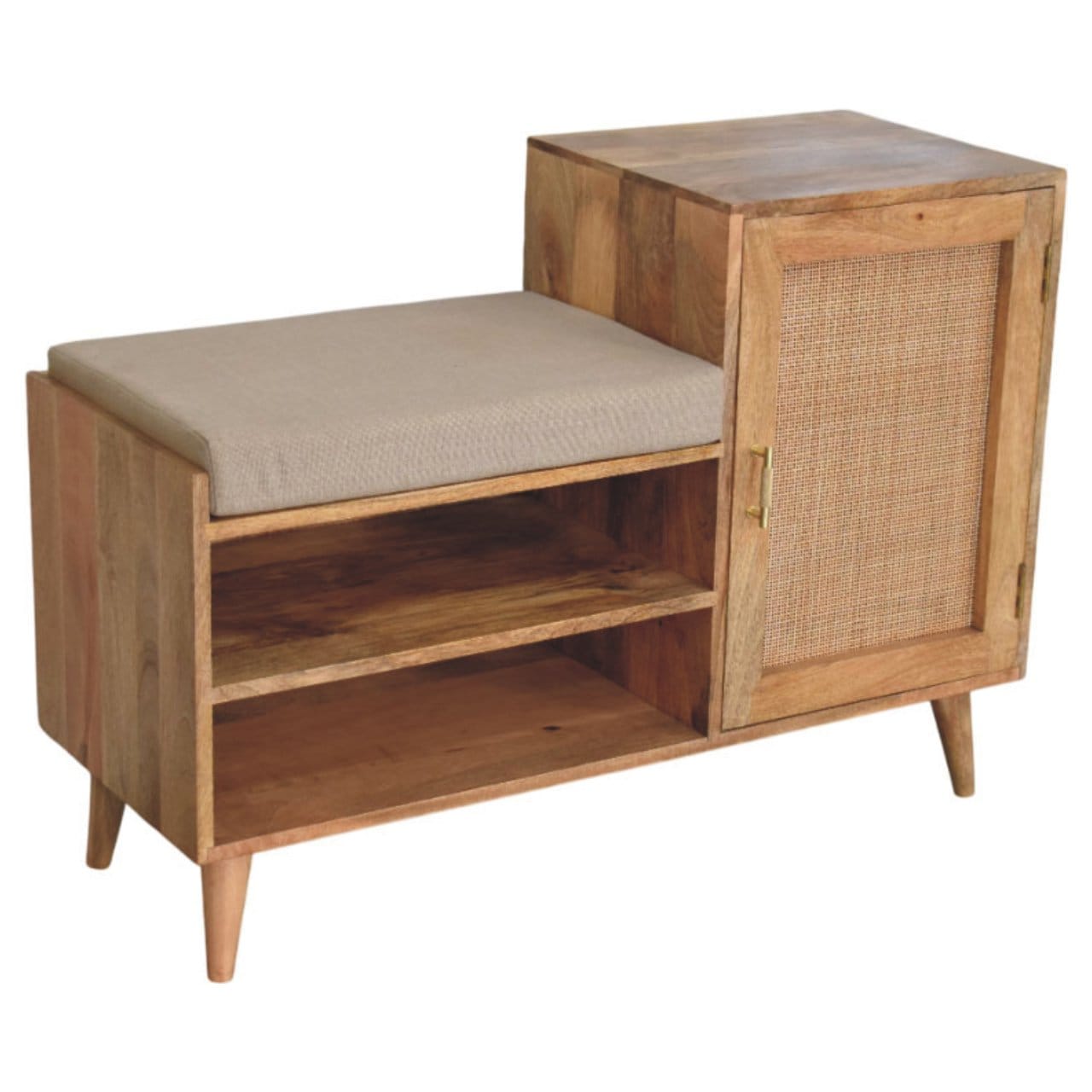 Mid-Century Modern 2 slot Oak-ish Bench - Solid Mango Wood Seating Furniture for Entryway - product view 6 showing...