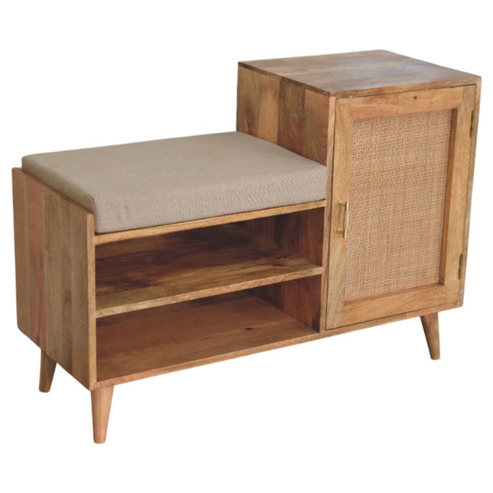 Mid-Century Modern 2 slot Oak-ish Bench - Solid Mango Wood Seating Furniture for Entryway - product view 6 showing...