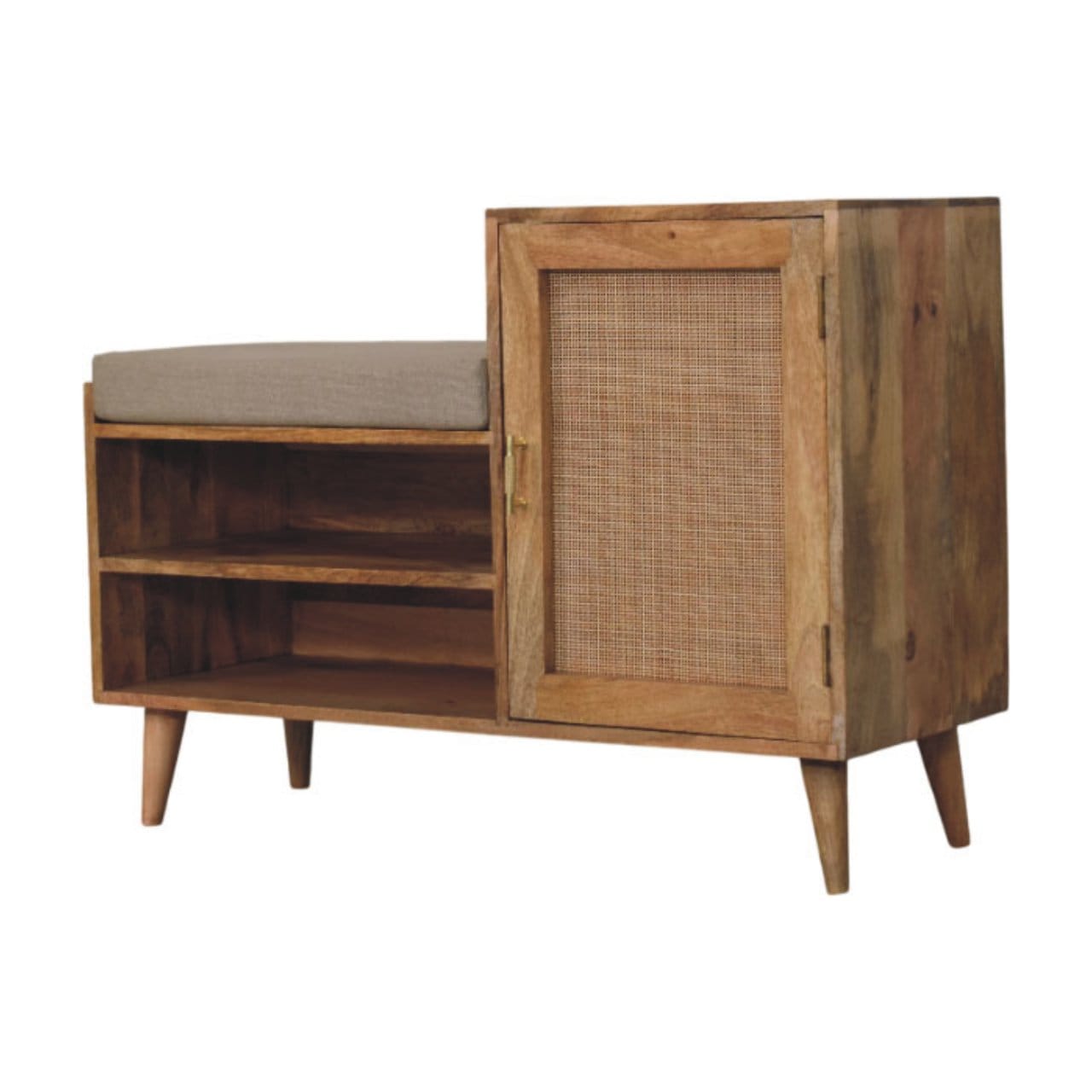 Mid-Century Modern 2 slot Oak-ish Bench - Solid Mango Wood Seating Furniture for Entryway - product view 3 showing...