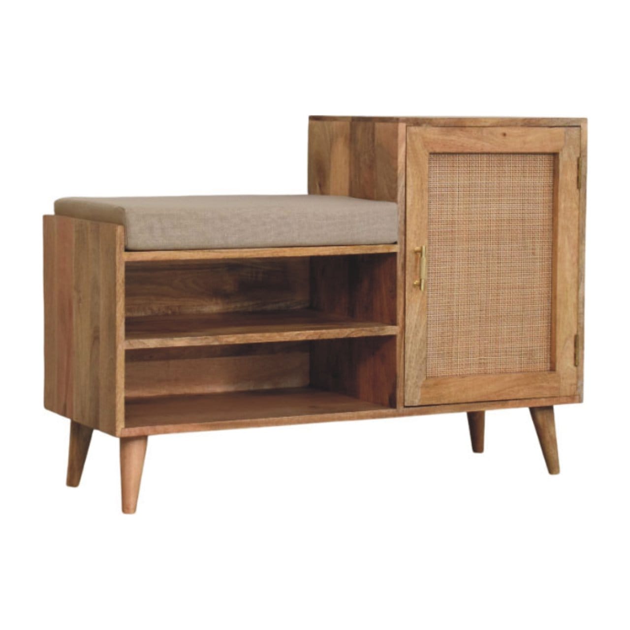 Mid-Century Modern 2 slot Oak-ish Bench - Solid Mango Wood Seating Furniture for Entryway - product view 2 showing...