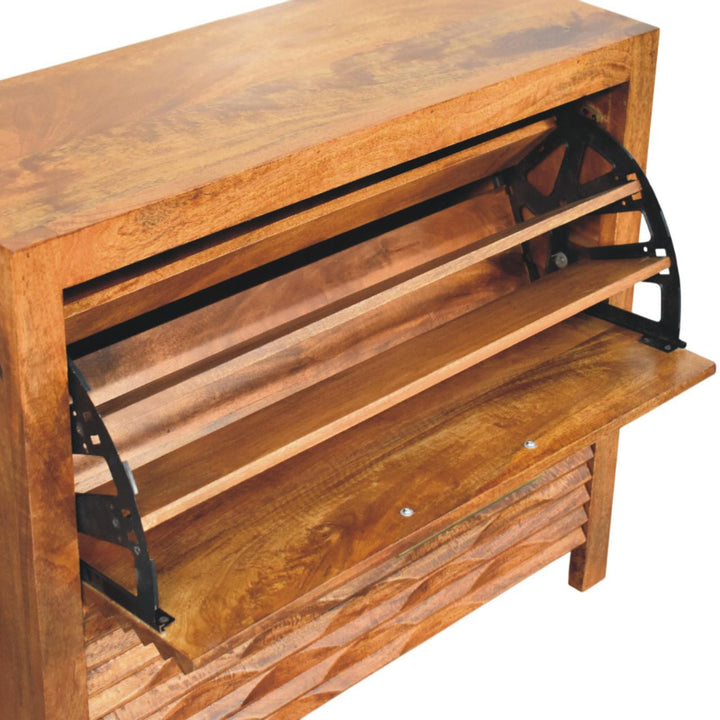Amber Wavefront Shoe Storage Cabinet - Solid Mango Wood Entryway Shoe Organizer (Amber Oak) - product view 7 showing...