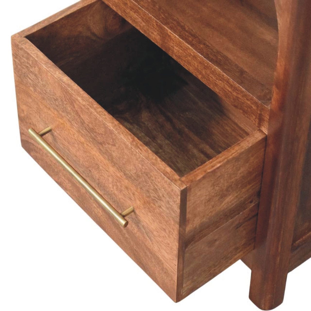 Mid-Century Modern Arc-Line Nightstand - Solid Mango Wood Bedside Table for Bedroom - product view 6 showing handcrafted...