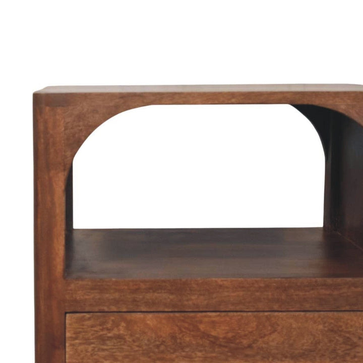 Mid-Century Modern Arc-Line Nightstand - Solid Mango Wood Bedside Table for Bedroom - product view 4 showing handcrafted...