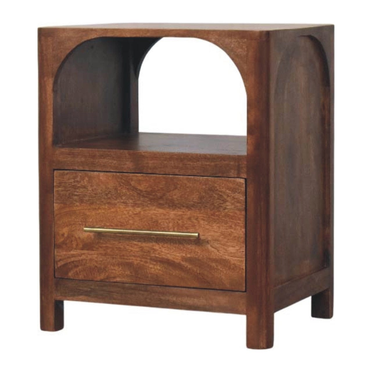 Mid-Century Modern Arc-Line Nightstand - Solid Mango Wood Bedside Table for Bedroom - product view 3 showing handcrafted...