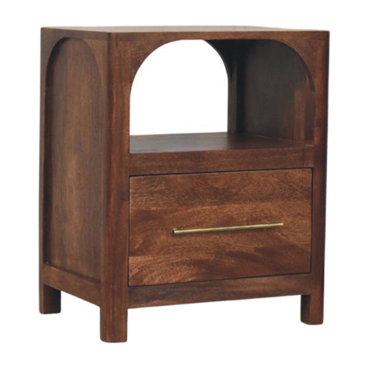 Mid-Century Modern Arc-Line Nightstand - Solid Mango Wood Bedside Table for Bedroom - product view 2 showing handcrafted...