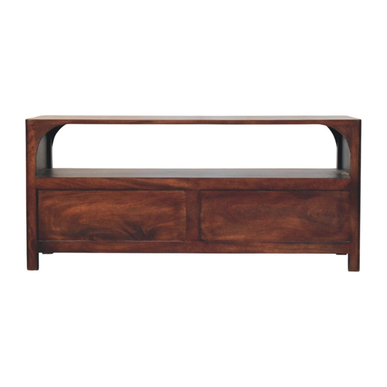 Mid-Century Modern Arched Edge 2 Drawer TV Stand - Solid Mango Wood Entertainment Center for Living Room - product view 8...