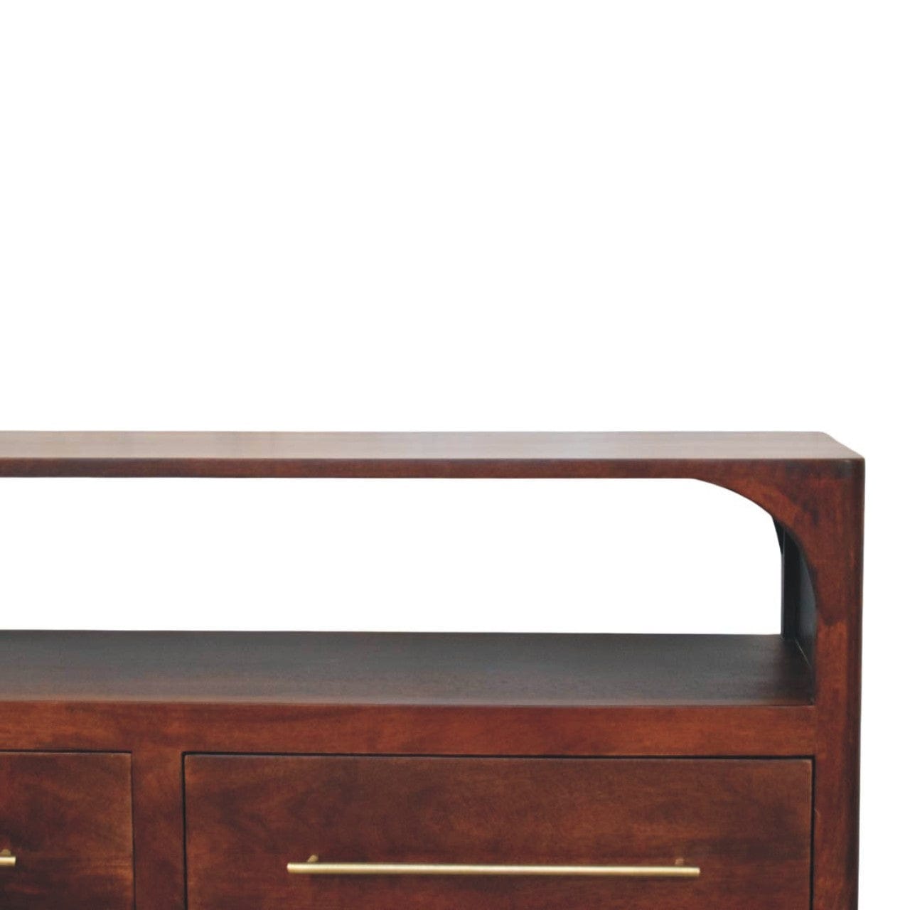 Mid-Century Modern Arched Edge 2 Drawer TV Stand - Solid Mango Wood Entertainment Center for Living Room - product view 3...