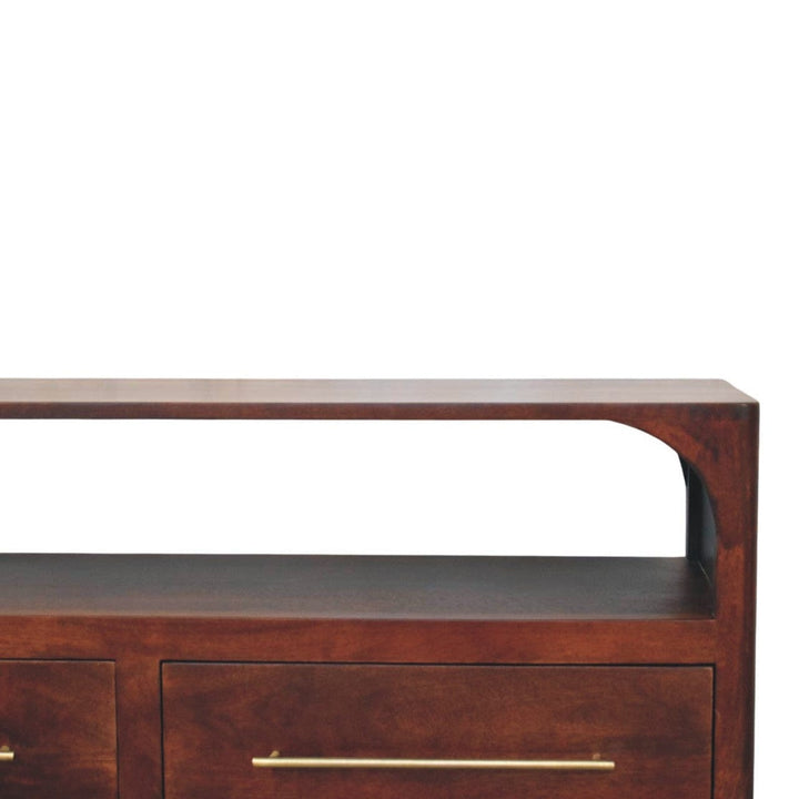 Mid-Century Modern Arched Edge 2 Drawer TV Stand - Solid Mango Wood Entertainment Center for Living Room - product view 3...