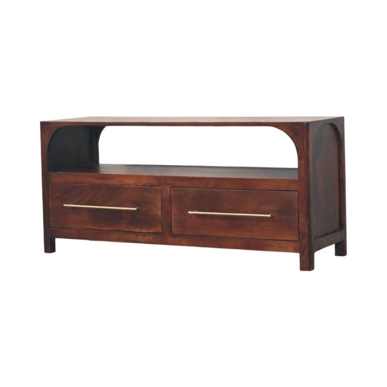 Mid-Century Modern Arched Edge 2 Drawer TV Stand - Solid Mango Wood Entertainment Center for Living Room - product view 2...