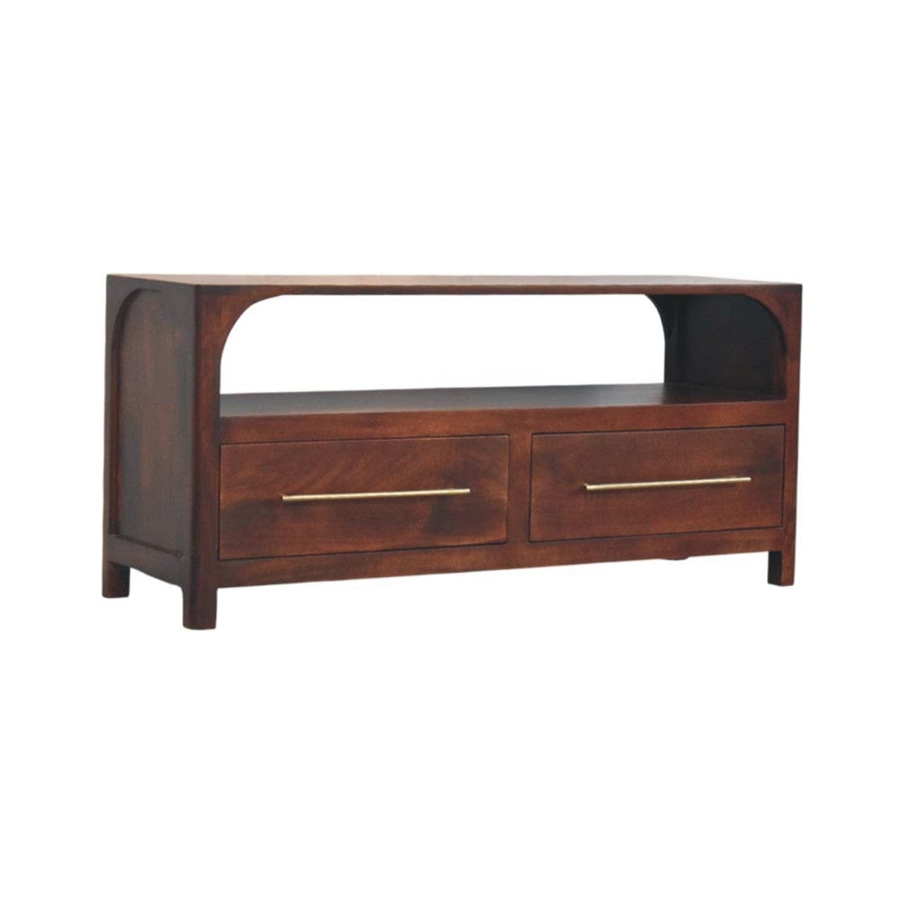 Mid-Century Modern Arched Edge 2 Drawer TV Stand - Solid Mango Wood Entertainment Center for Living Room - main view...