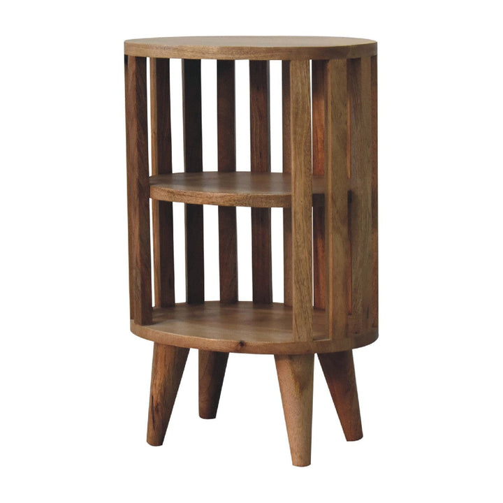 Ariella Double Shelf Oak-ish Nightstand - Solid Mango Wood Bedside Table for Bedroom - product view 3 showing handcrafted...