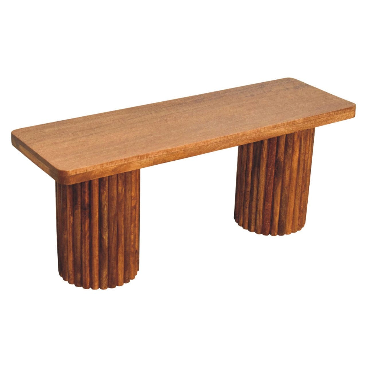 Mid-Century Modern solid mango wood entryway bench with fluted legs, perfect for accenting home interiors.