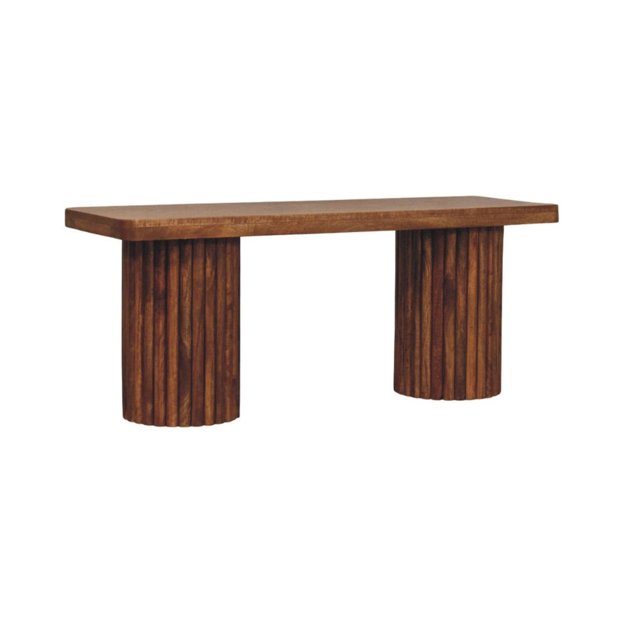 Solid mango wood entryway bench with fluted columns, perfect for rustic home decor and versatile seating.