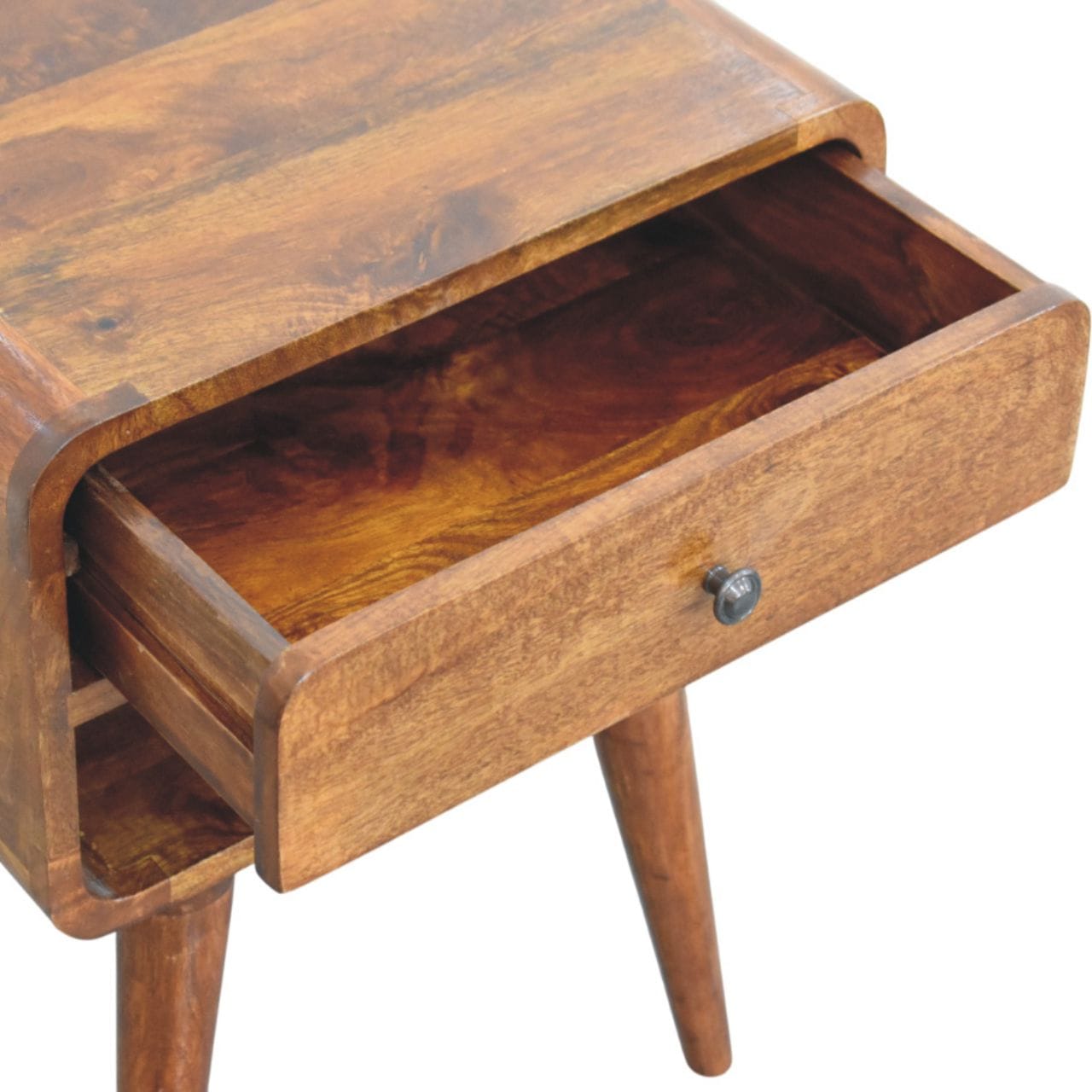 Mid-Century Modern Avora Chestnut Nightstand - Solid Mango Wood Bedside Table for Bedroom - product view 6 showing...