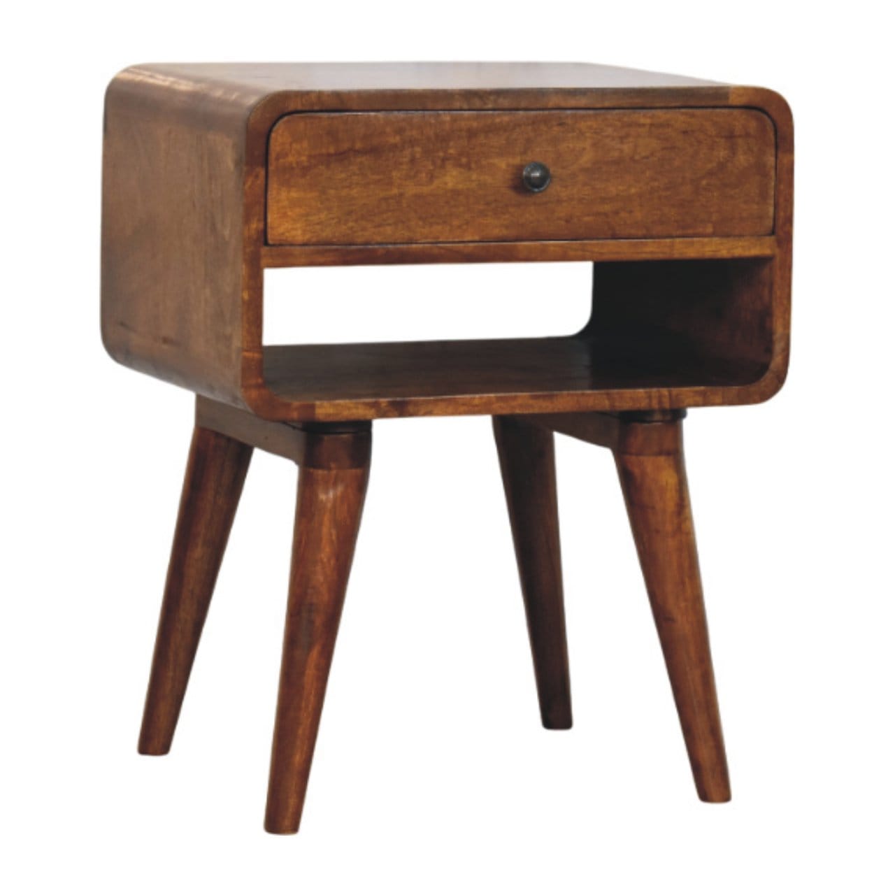 Mid-Century Modern Avora Chestnut Nightstand - Solid Mango Wood Bedside Table for Bedroom - product view 3 showing...