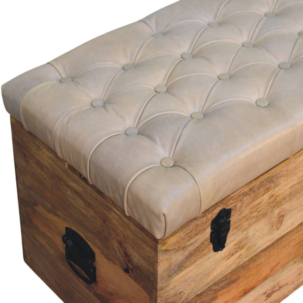 Mid-Century Modern Beige Buffalo hide leather Storage Trunk - Solid Mango Wood Blanket Chest for Bedroom - product view 5...