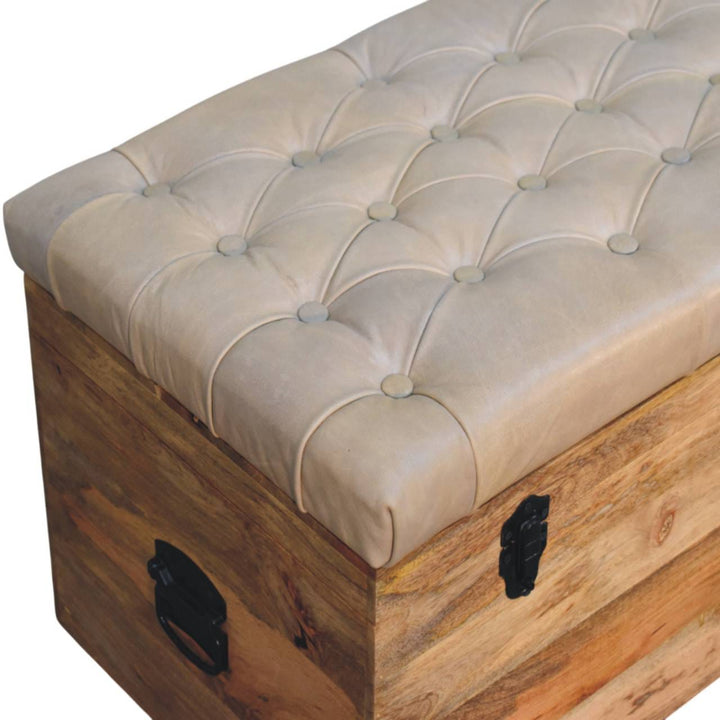 Mid-Century Modern Beige Buffalo hide leather Storage Trunk - Solid Mango Wood Blanket Chest for Bedroom - product view 5...